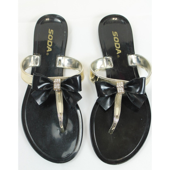 Soda Flip Flop Sandals Rhinestone Embellished Bow Women 6 Summer Black Silver - Picture 1 of 7